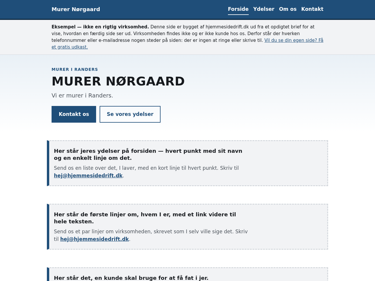 Skærmbillede af et maskinbygget udkast, lavet ud fra en beskrivelse på tre felter — navn, fag og by — af det opdigtede murerfirma Murer Nørgaard, som ikke er kunde hos os: mørkeblå topbjælke med menuen Forside, Ydelser, Om os og Kontakt, en note om at siden er et eksempel, overskriften MURER NØRGAARD med linjen Vi er murer i Randers, knapperne Kontakt os og Se vores ydelser, og derunder tre grå felter med stiplet kant, der hver siger hvad der mangler — ydelser, om os og kontaktoplysninger — og hvad man skal sende os.